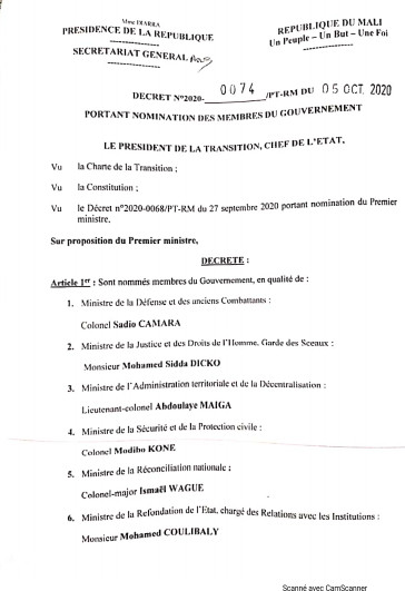 Document - Mali: La nouvelle liste gouvernementale, la fille d'Alpha Omar Konaré, ministre de...