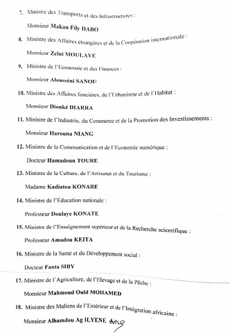 Document - Mali: La nouvelle liste gouvernementale, la fille d'Alpha Omar Konaré, ministre de...