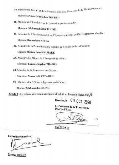 Document - Mali: La nouvelle liste gouvernementale, la fille d'Alpha Omar Konaré, ministre de...