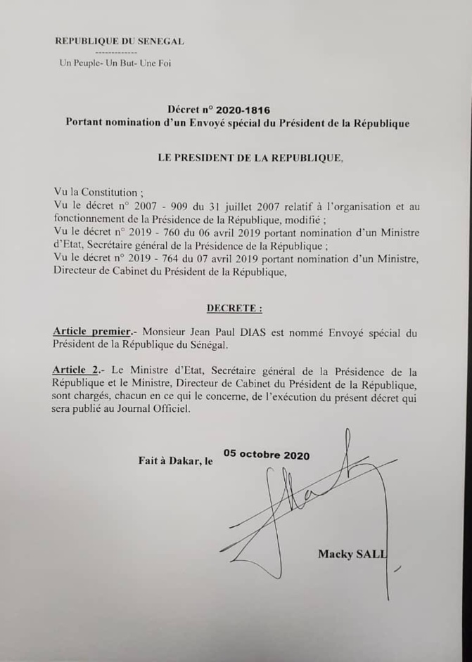 Nomination - Jean Paul Dias nouvel envoyé spécial de Macky Sall (Document)
