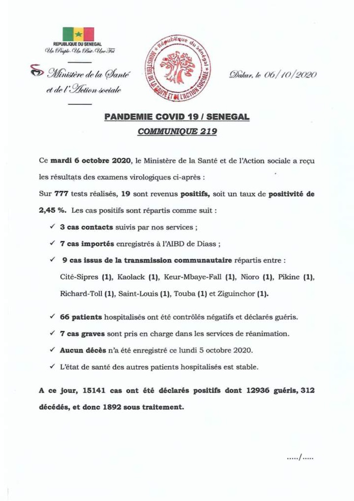 Covid-19: 19 cas positifs dont 7 importés, 66 patients guéris, 7 cas graves, 0 décés 