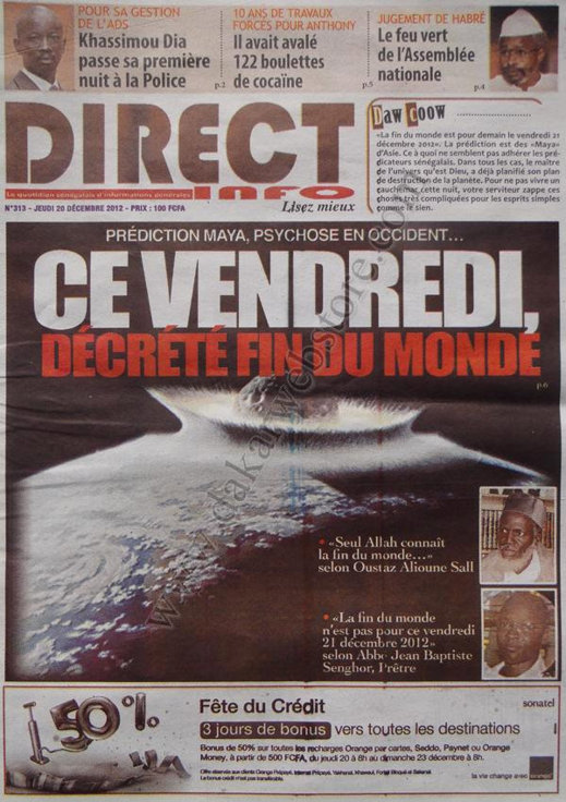 A la Une du Journal Direct Info du Jeudi 20 décembre 2012