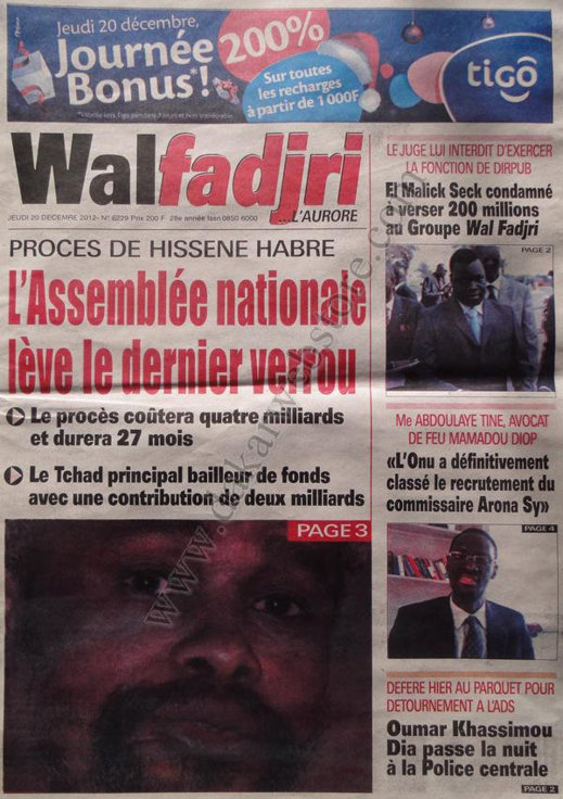A la Une du Journal Walfadjri du Jeudi 20 décembre 2012