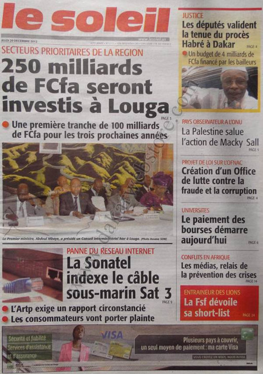 A la Une du Journal Le Soleil du Jeudi 20 décembre 2012