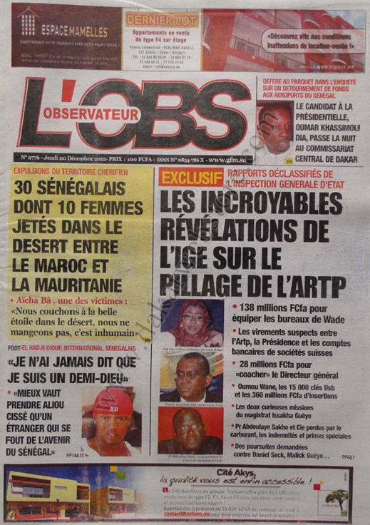 A la Une du Journal L'Observateur du Jeudi 20 décembre 2012