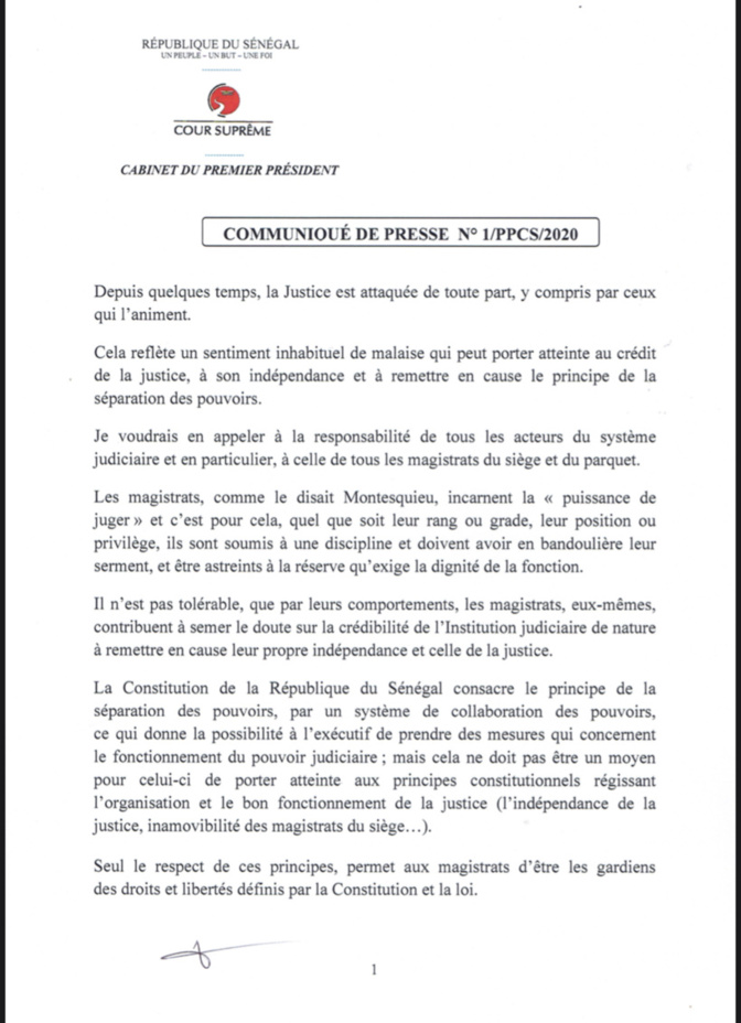 Affaire Téliko - Ministre de la Justice: Le président de la Cour suprême recadre les concernés