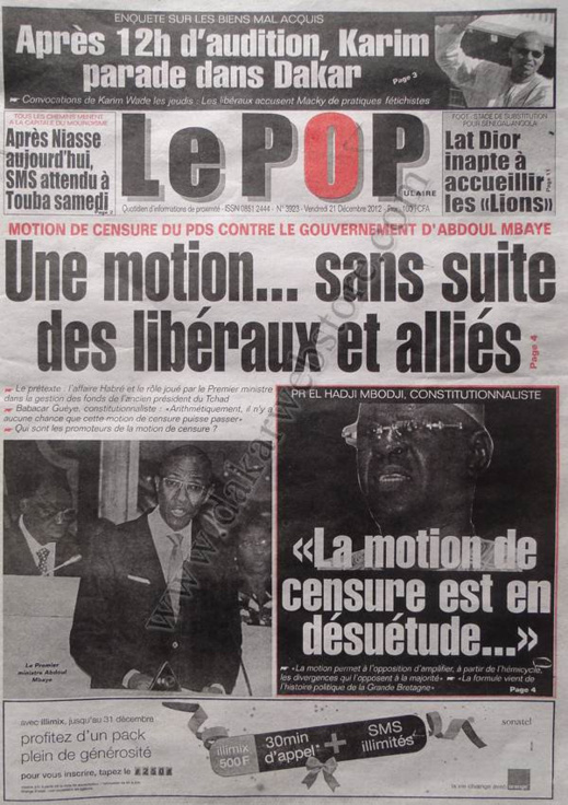 A la Une du Journal Le Populaire du Vendredi 21 décembre 2012 A la Une du Journal Le Populaire du Vendredi 21 décembre 2012