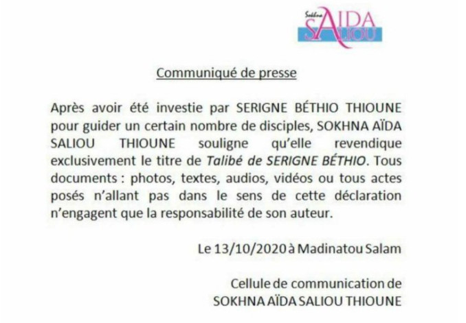 Khalifat des Thiantacounes: "Sokhna Aïda ne réclame que le titre de talibé Serigne Béthio"