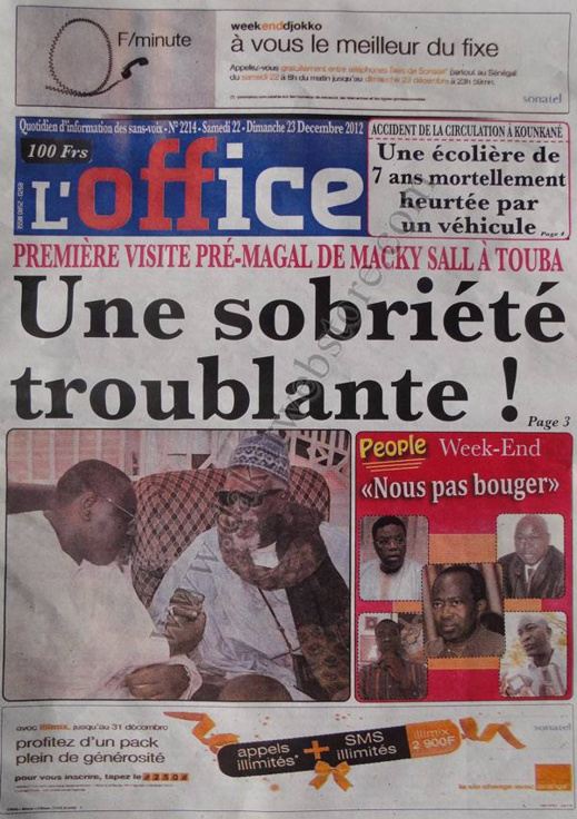 A la Une du Journal L'office du Samedi 22 décembre 2012
