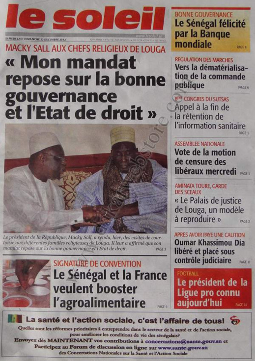 A la Une du Journal Le Soleil du Samedi 22 décembre 2012