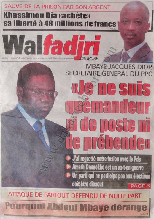 A la Une du Journal Walfadjri du Samedi 22 décembre 2012