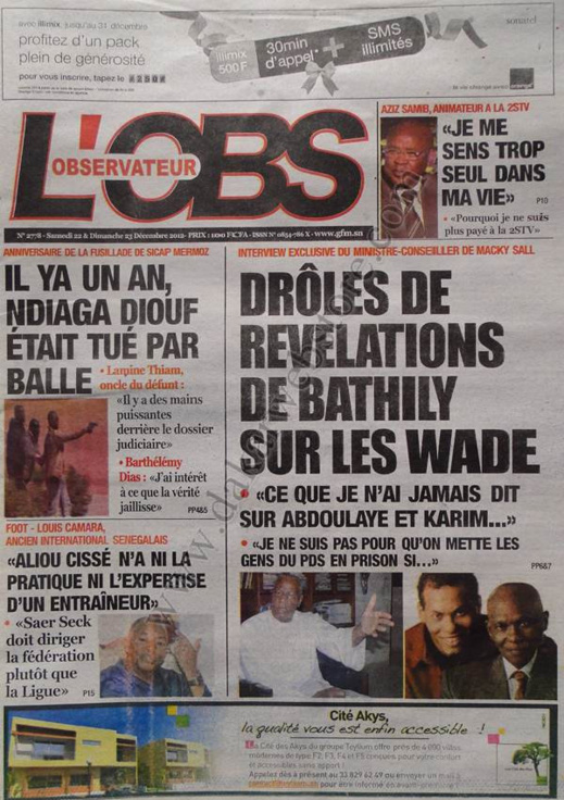 A la Une du Journal L'Observateur du Samedi 22 Décembre 2012