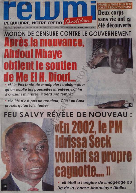 A la Une du Journal Rewmi du Samedi 22 décembre 2012