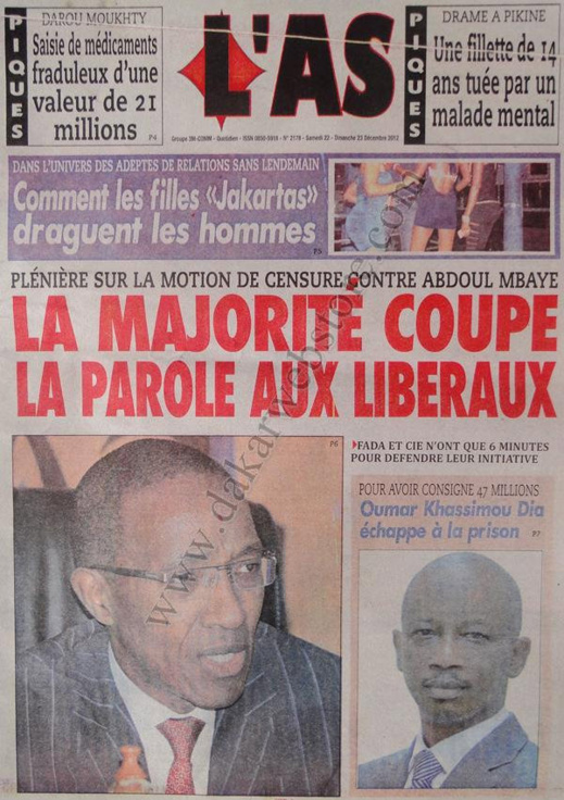 A la Une du Journal L'AS du Samedi 22 décembre 2012