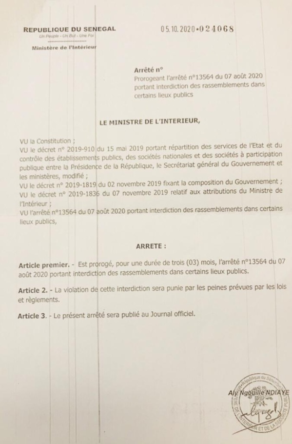 Interdiction des rassemblements dans les lieux publics et port de masque: Aly Ngouille Ndiaye proroge l'arrêté pour 3 mois