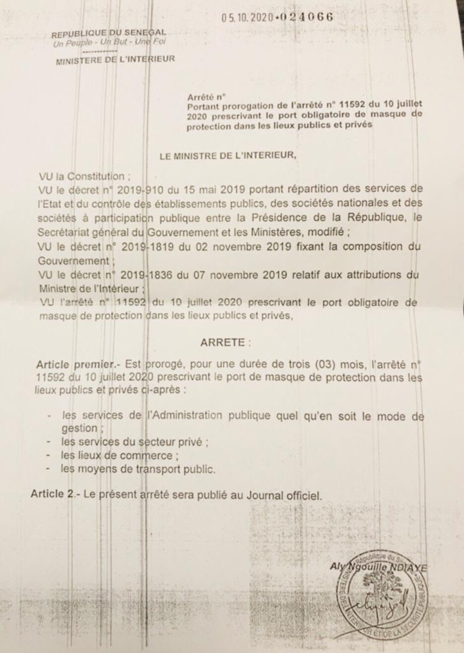 Interdiction des rassemblements dans les lieux publics et port de masque: Aly Ngouille Ndiaye proroge l'arrêté pour 3 mois