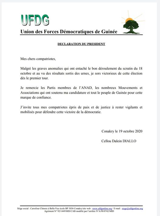 Présidentielle en Guinée: Cellou Dalein Diallo annonce sa victoire