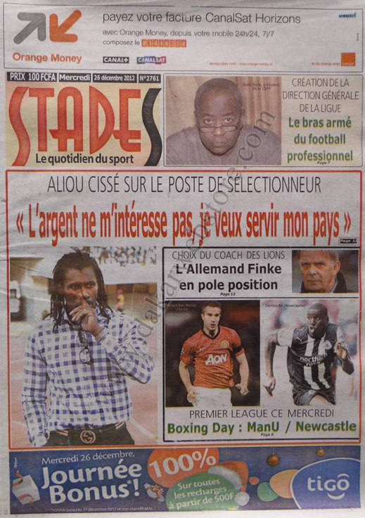 A la Une du Journal Stades du mercredi 26 décembre 2012