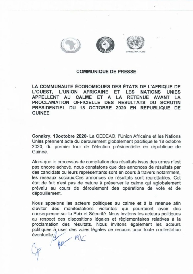Présidentielle en Guinée: La CEDEAO, l'Ua et les Nations-Unies appellent au calme et à la retenue