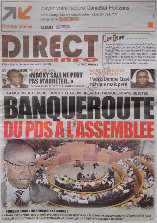 A la Une du Journal Direct Info du jeudi 27 décembre 2012