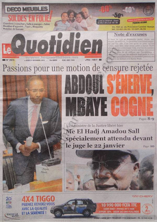 A la Une du Journal Le Quotidien du jeudi 27 décembre 2012