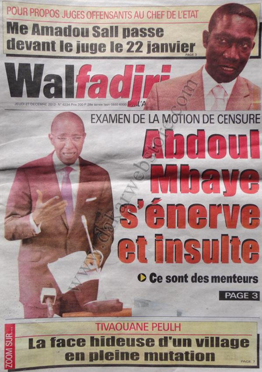 A la Une du Journal Walfadjri du jeudi 27 décembre 2012