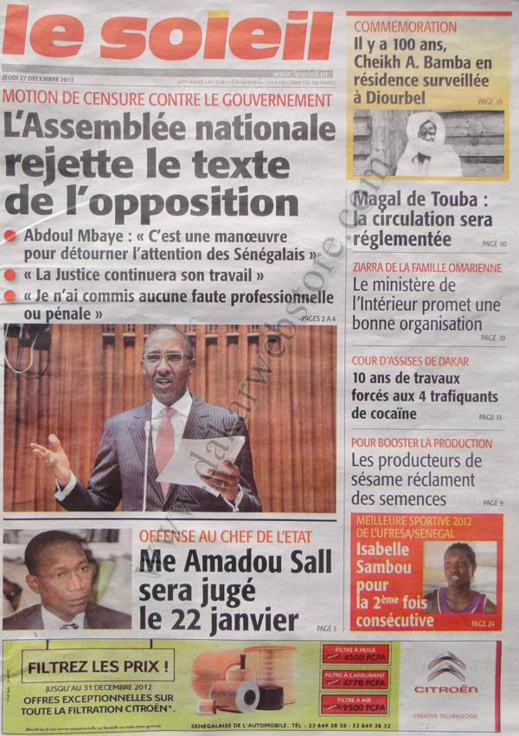 A la Une du Journal Le Soleil du jeudi 27 décembre 2012