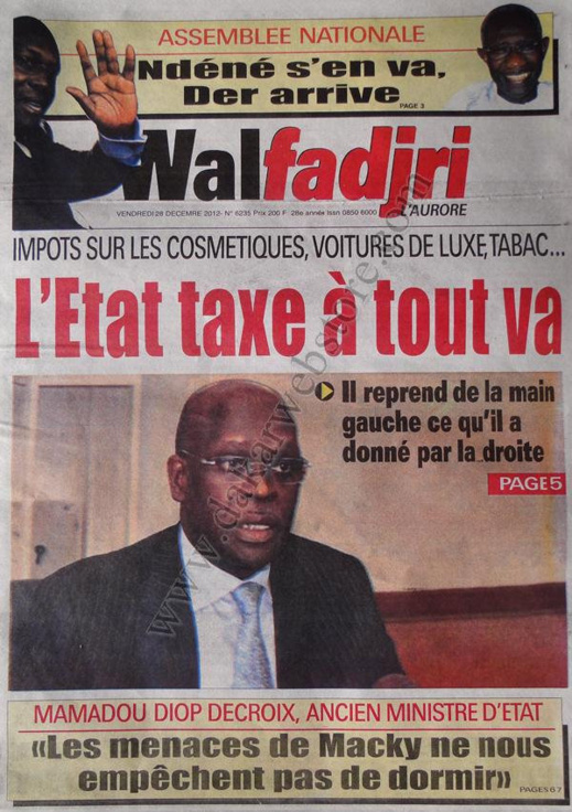 A la Une du Journal Walfadjri du vendredi 28 décembre 2012