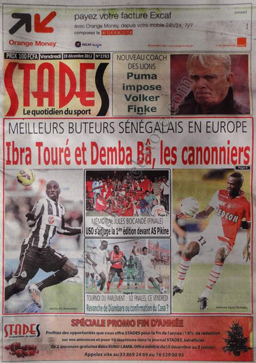 A la Une du Journal Stades du vendredi 28 décembre 2012