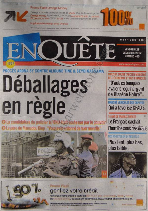 A la Une du Journal Enquête du vendredi 28 décembre 2012