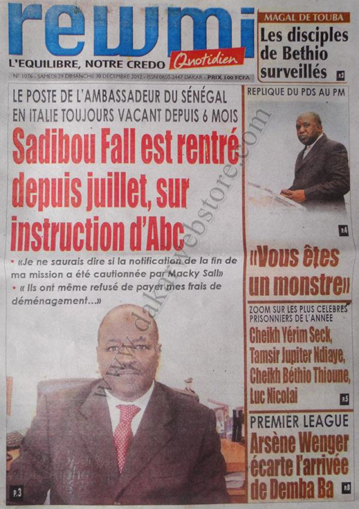 A la Une du Journal Rewmi du Samedi 29 décembre 2012