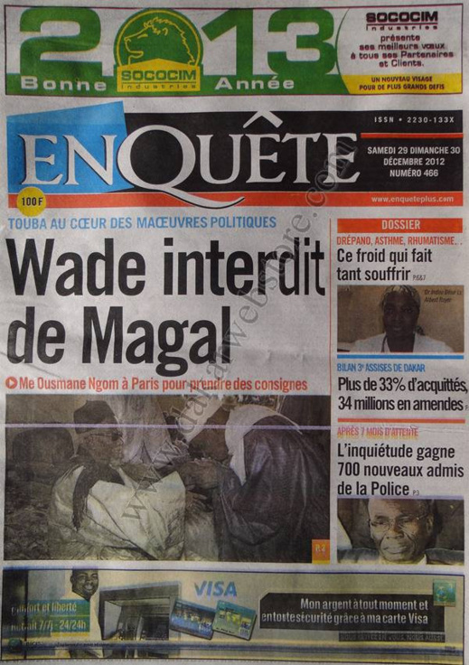 A la Une du Journal Enquête du Samedi 29 décembre 2012