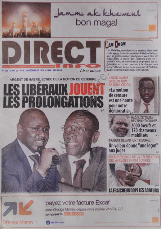A la Une du Journal Direct Info du Samedi 29 décembre 2012