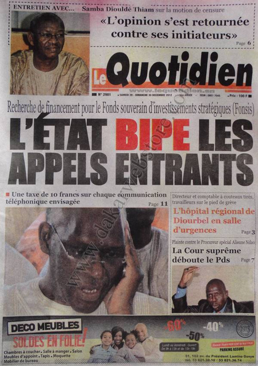 A la Une du Journal Le Quotidien du Samedi 29 décembre 2012