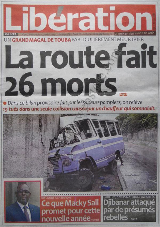 A la Une du Journal Libération du mercredi 02 Janvier 2012