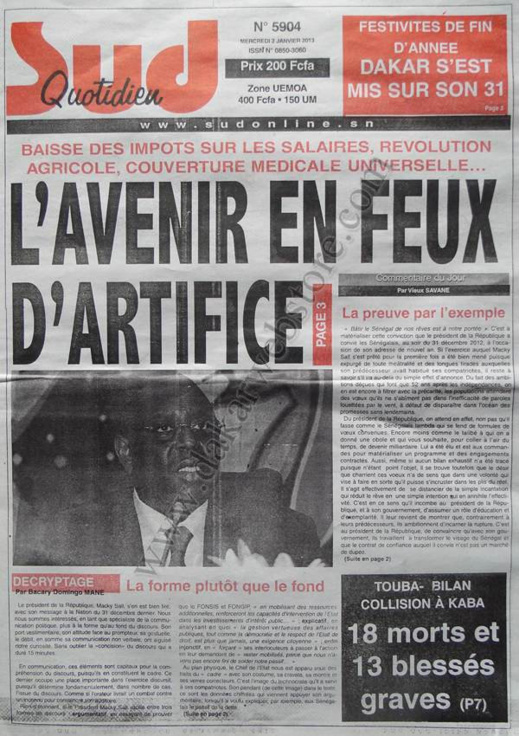 A la Une du Journal Sud Quotidien du mercredi 02 Janvier 2012