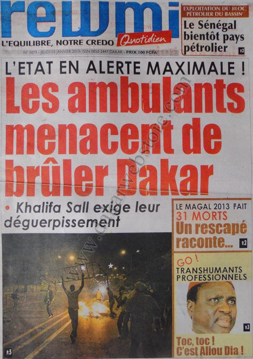 A la Une du Journal Rewmi du jeudi 03 janvier 2013