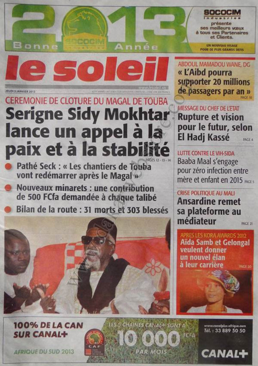 A la Une du Journal Le Soleil du jeudi 03 janvier 2013
