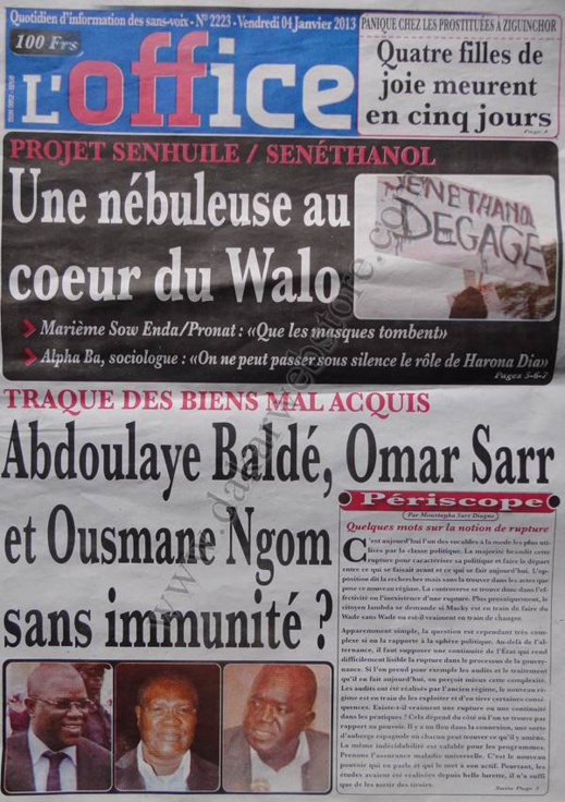 A la Une du Journal L'Office du vendredi 04 janvier 2013