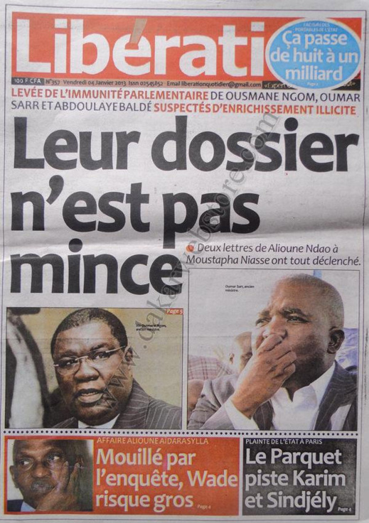 A la Une du Journal Libération du vendredi 04 janvier 2013