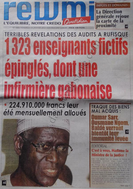 A la Une du Journal Rewmi du vendredi 04 janvier 2013