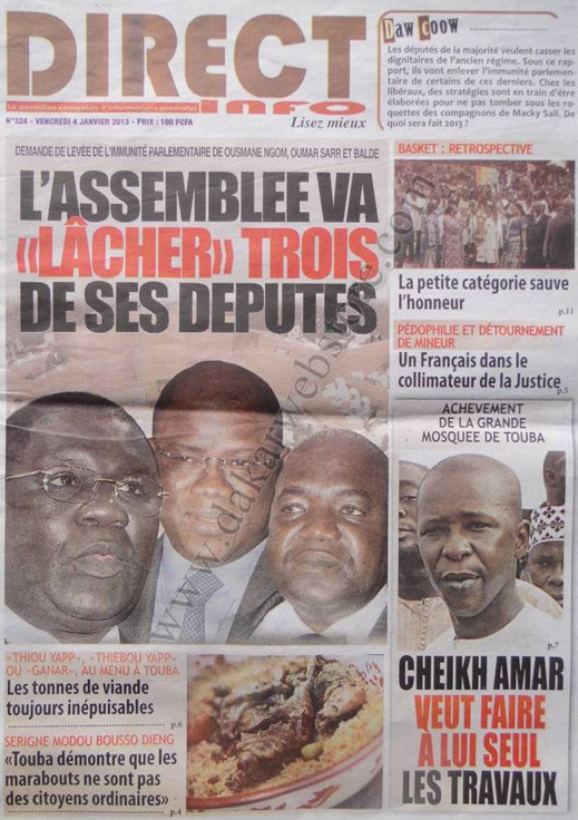 A la Une du Journal Direct Info du vendredi 04 janvier 2013