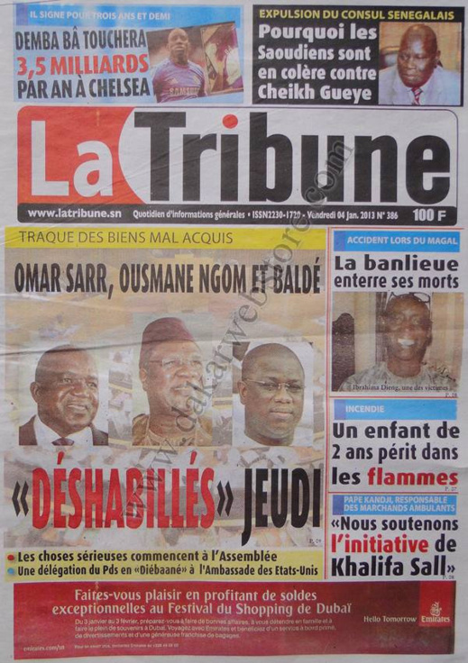 A la Une du Journal La Tribune du vendredi 04 janvier 2013