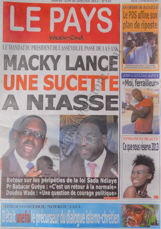 A la Une du Journal LE PAYS du Samedi 05 janvier 2013