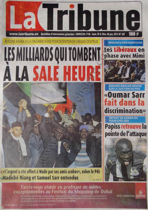 A la Une du Journal La Tribune du Samedi 05 janvier 2013