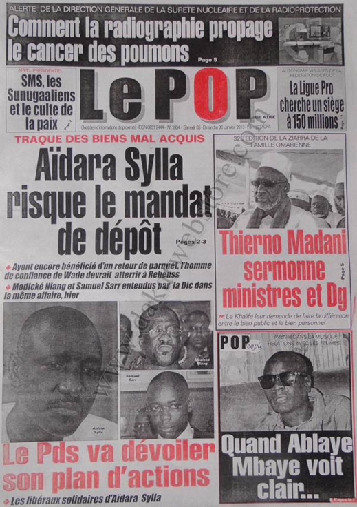 A la Une du Journal Populaire du Samedi 05 janvier 2013