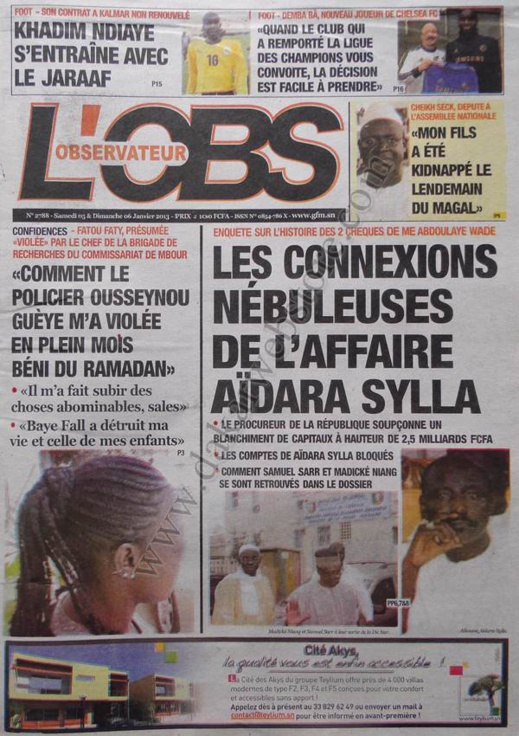 A la Une du Journal L'Observateur du Samedi 05 janvier 2013