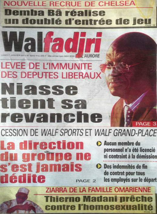 A la Une du Journal Walfadjri du lundi 07 janvier 2013