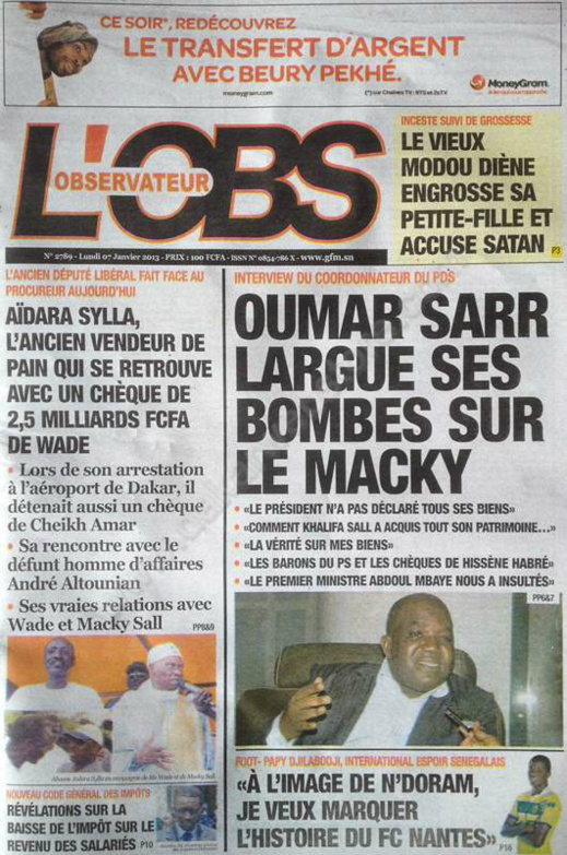 A la Une du Journal Tout L'Observateur du lundi 07 janvier 2013