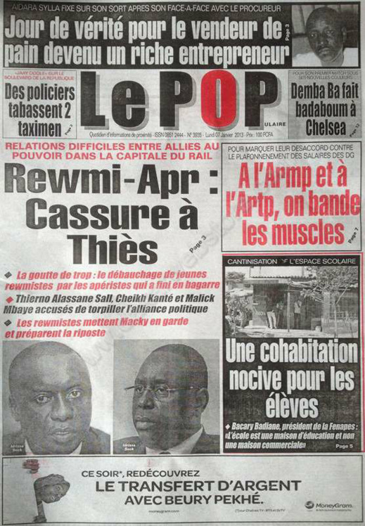 A la Une du Journal Le populaire du lundi 07 janvier 2013
